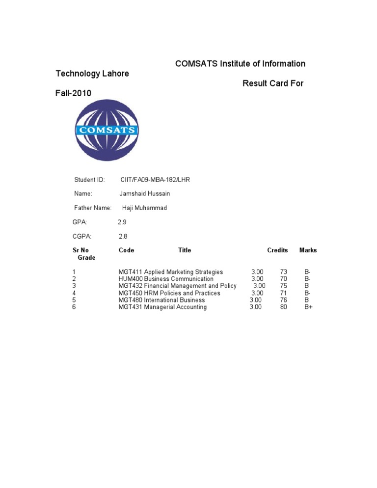 COMSATS MBA Fall 2010 Result Card | PDF | Business
