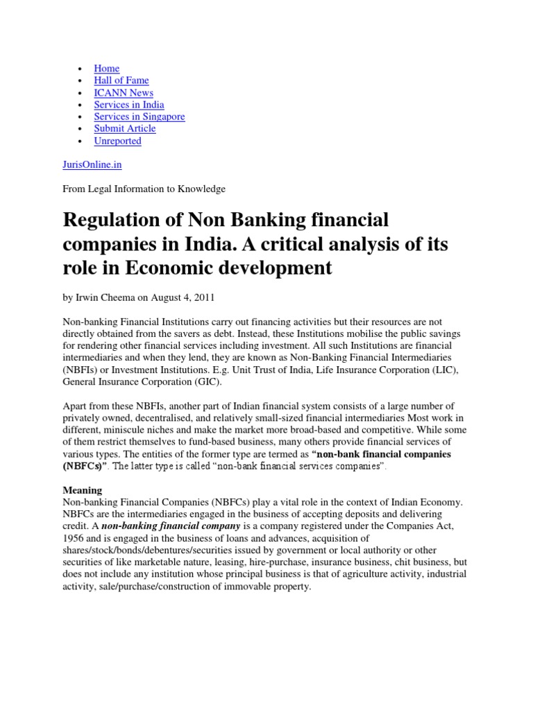 Regulation of Non Banking Financial Companies in India. A Critical ...