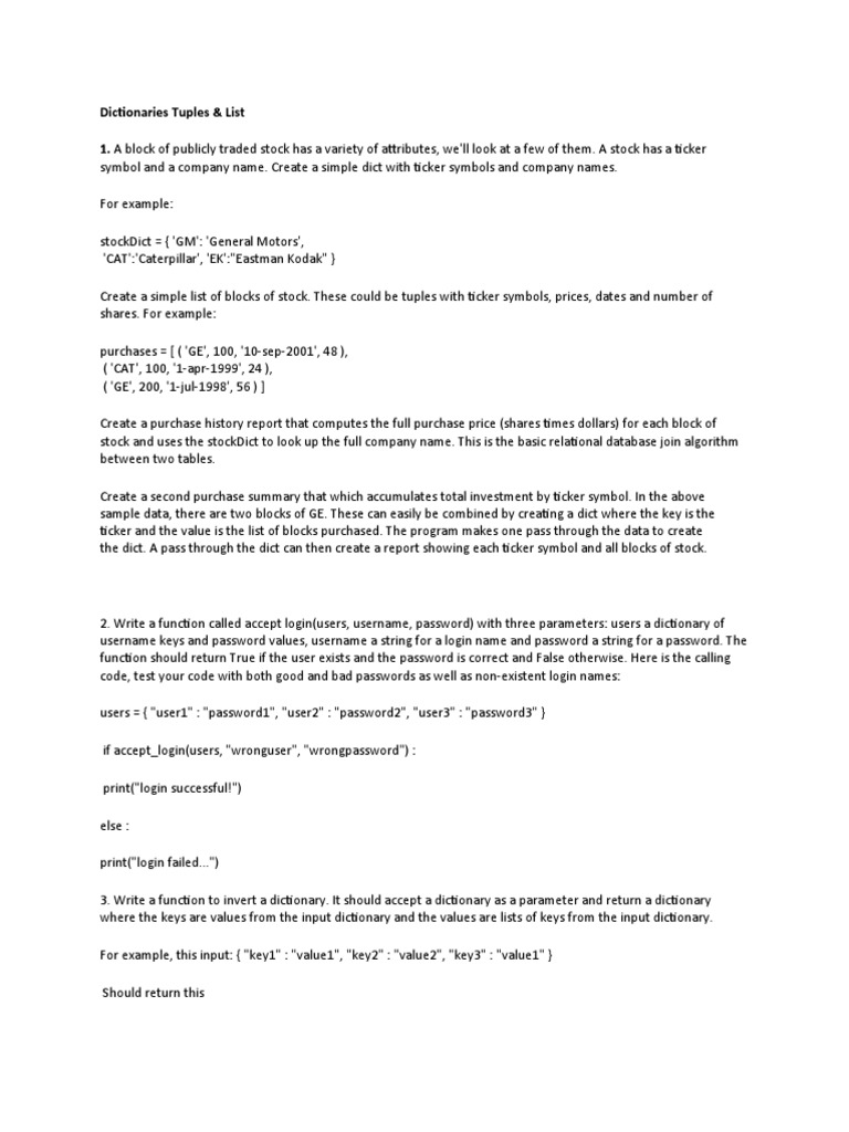 Dictionaries Tuples Assignment For Python | PDF | Parameter (Computer ...