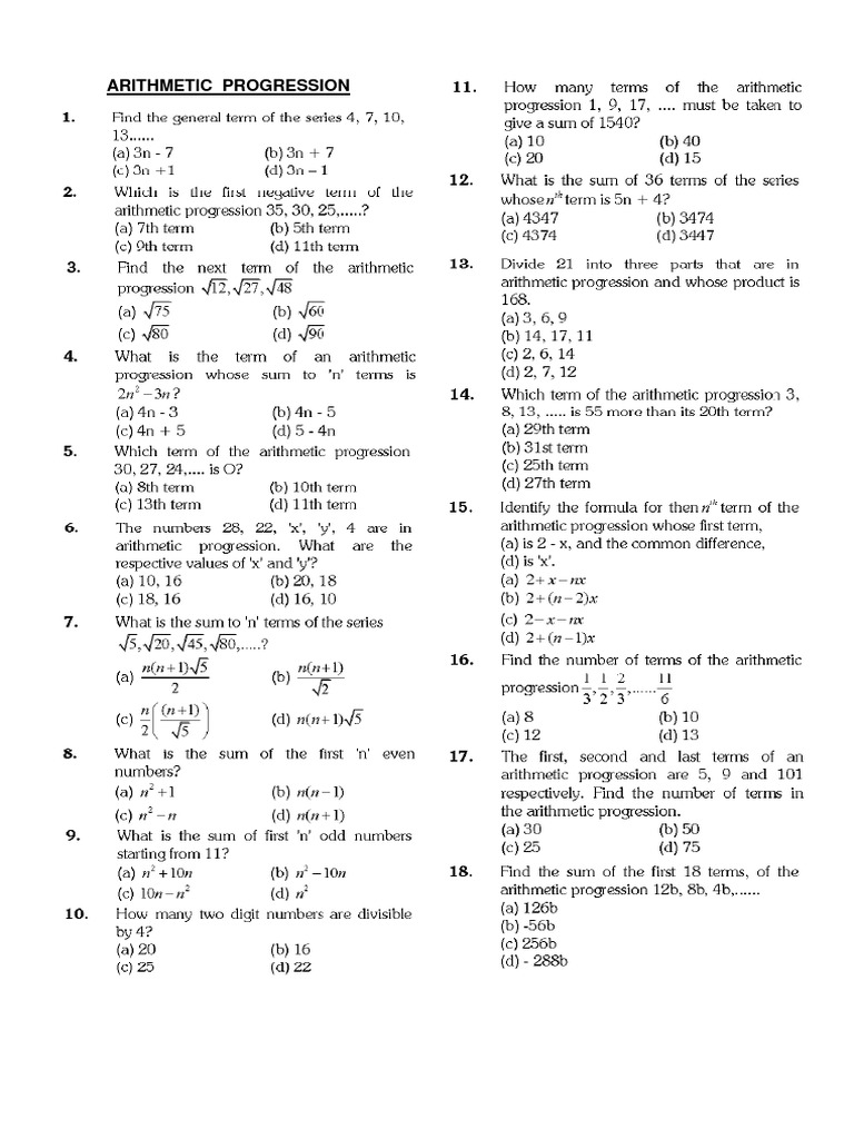 Arithmetic Progression Worksheet | PDF