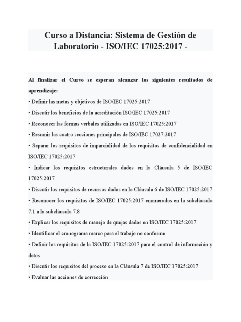 Curso Sistema De Gestión De Laboratorio Iso Iec 17025 2017 Pdf