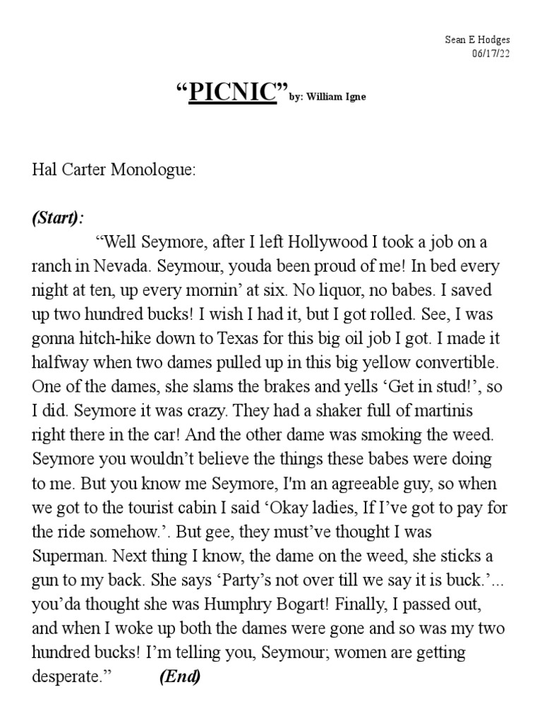 "PICNIC" Monologue PDF