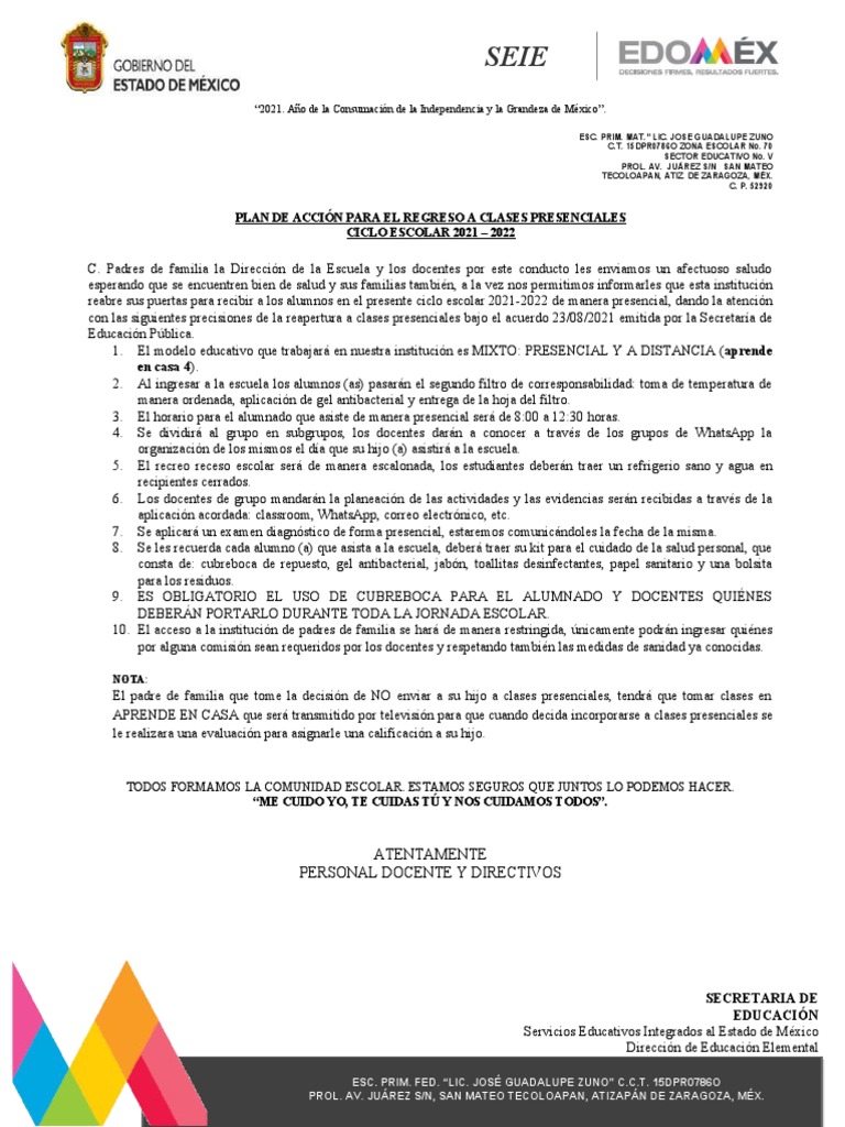 Plan de Acción para El Regreso A Clases Presenciales | PDF