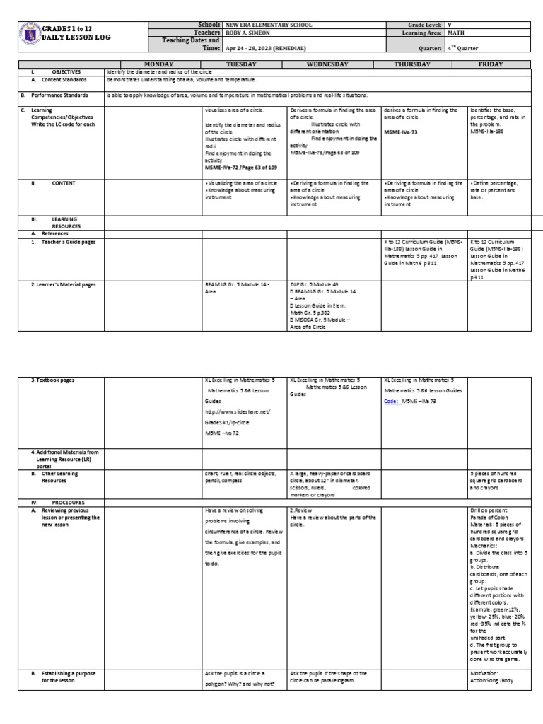 Grade 5 Math Daily Lesson Plan | PDF | Area | Circle