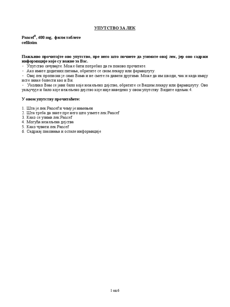 Упутство За Лек Pancef, 400 mg, филм таблете cefiksim | PDF