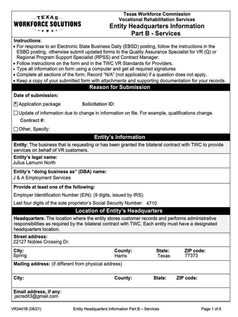 Texas VR Services Entity Info Form | PDF | Disability | Mental Disorder