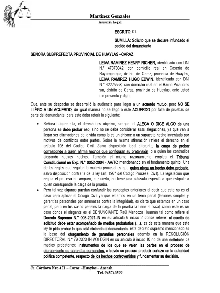 Solicitud para declarar infundado el pedido de garant as personales del