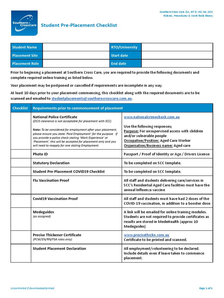 Ser Wkt Student Pre Placement Checklist Pdf Viral Respiratory Tract