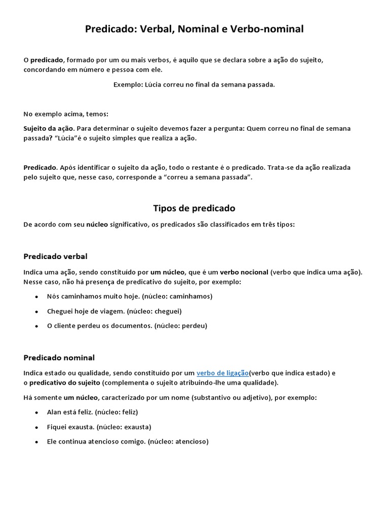 Tipos de Predicado: Verbal e Nominal | PDF