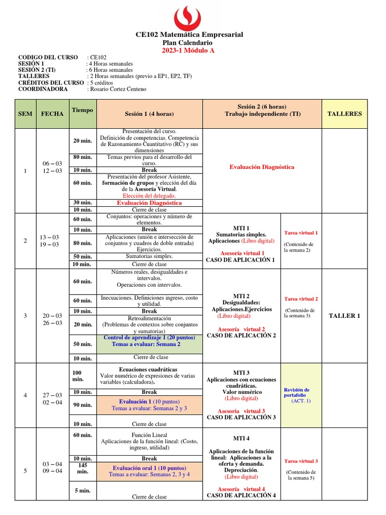 Calendario CE102 Matemática Empresarial | PDF