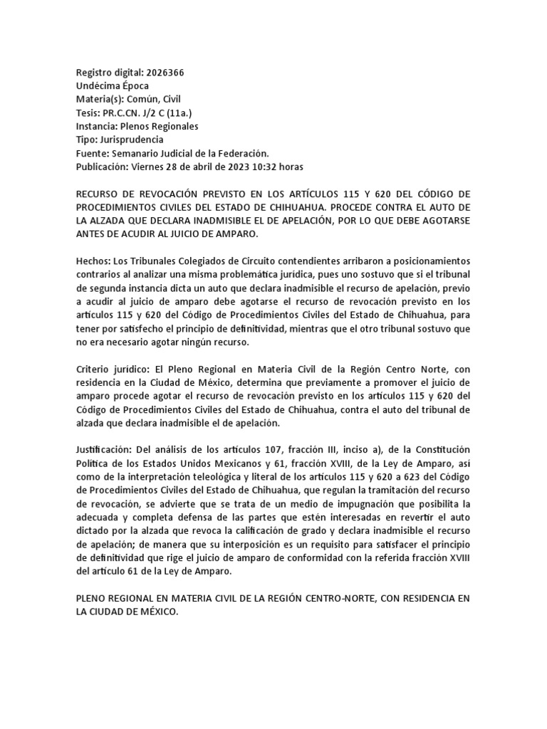 RECURSO DE REVOCACIÓN PREVISTO EN LOS ARTÍCULOS 115 Y 620 DEL CÓDIGO DE