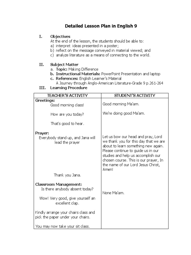 Detailed lesson plan grade 9 pdf