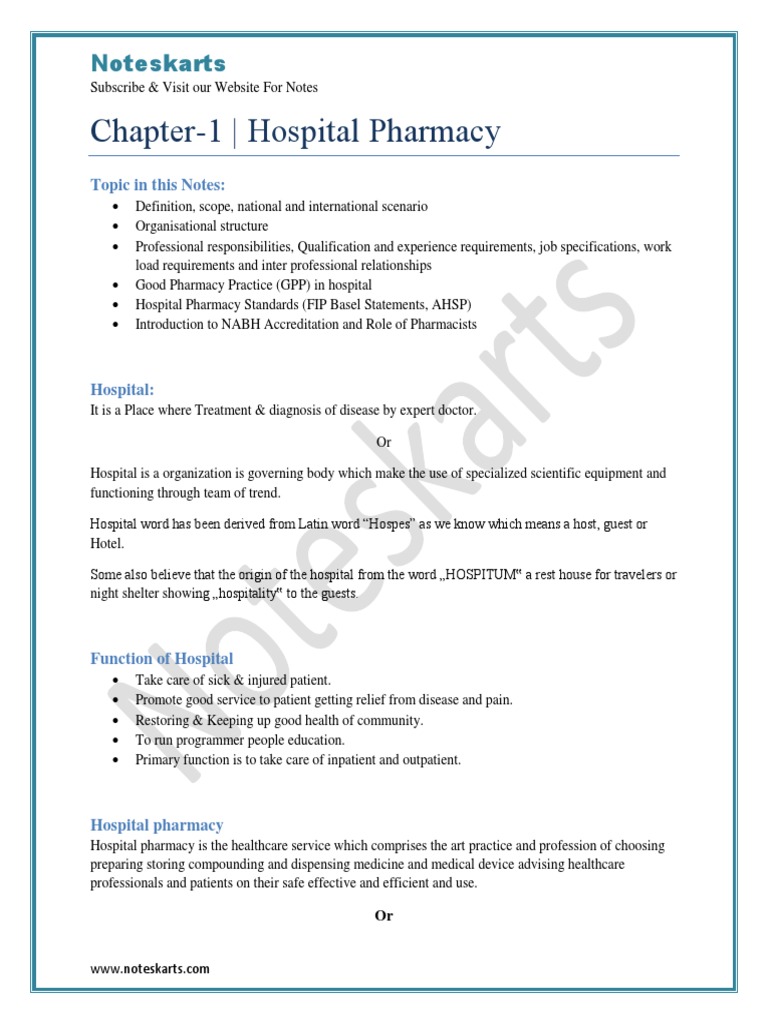 Chapter 1 Hospital And Clinical Pharmacy Choplete Pdf Notes D Pharma