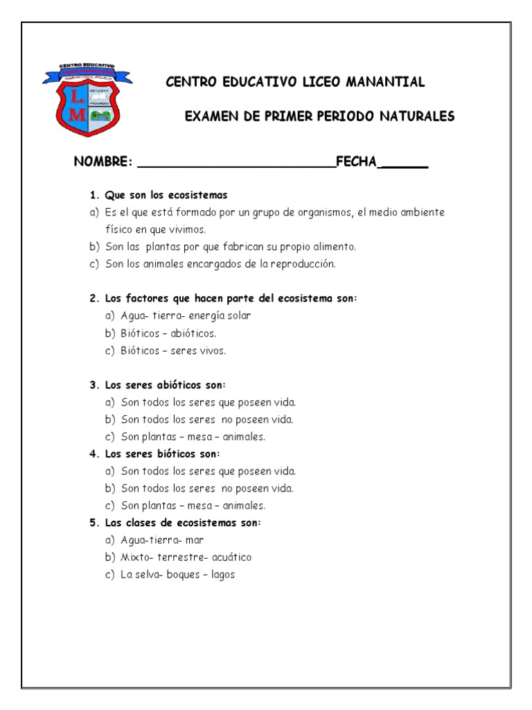 Examen de Naturales | PDF | Ecosistema | Entorno natural
