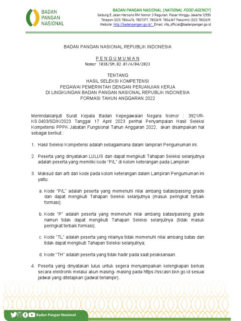 Pengumuman Hasil Seleksi Kompetensi PPPK Teknis Badan Pangan Nasional
