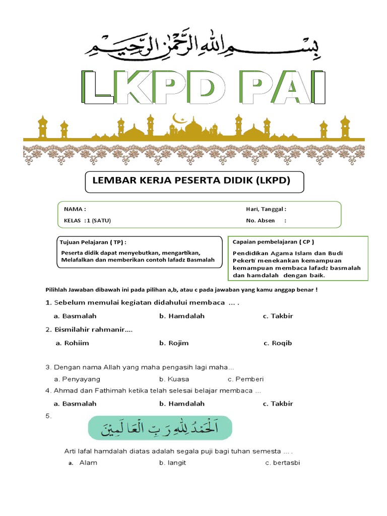 Lembar Kerja Peserta Didik (LKPD) : Nama: Hari, Tanggal: Kelas:1 (Satu