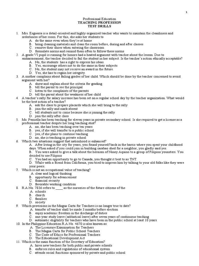 Teaching Profession Test Drills and Ethics | PDF | Teachers | Curriculum