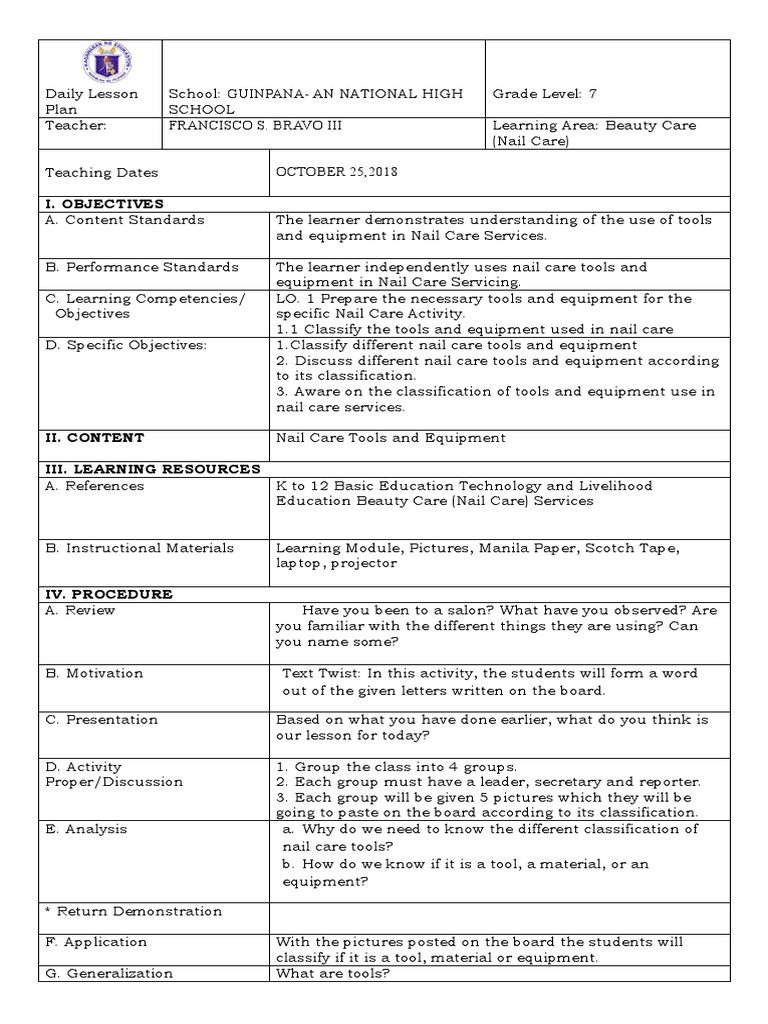 Classifying Nail Care Tools, Materials, and Equipment PDF Personal