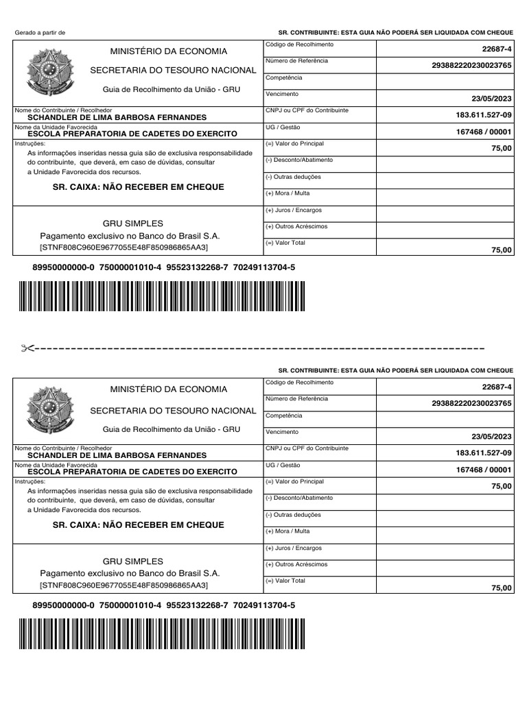 Ministério Da Economia Secretaria Do Tesouro Nacional: Sr. Caixa: Não ...