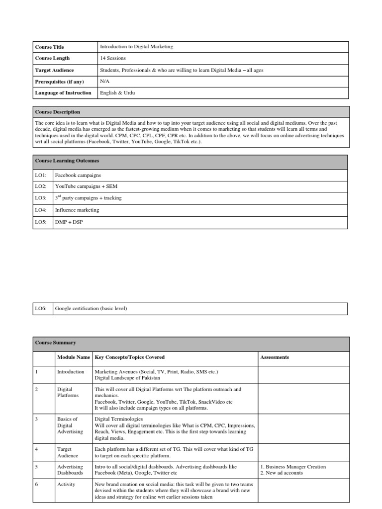 Digital Marketing Course Outline LUMS PDF Search Engine Marketing