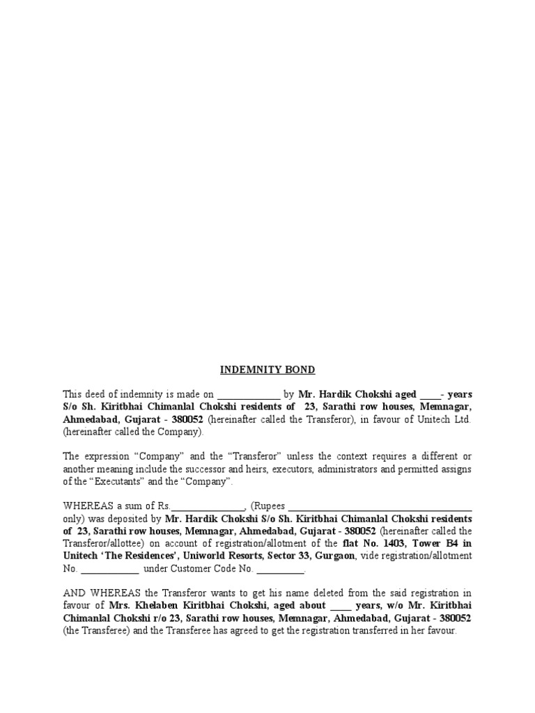 I Bond On Rs. 100 Stamp Paper Allotee | PDF | Indemnity | Government