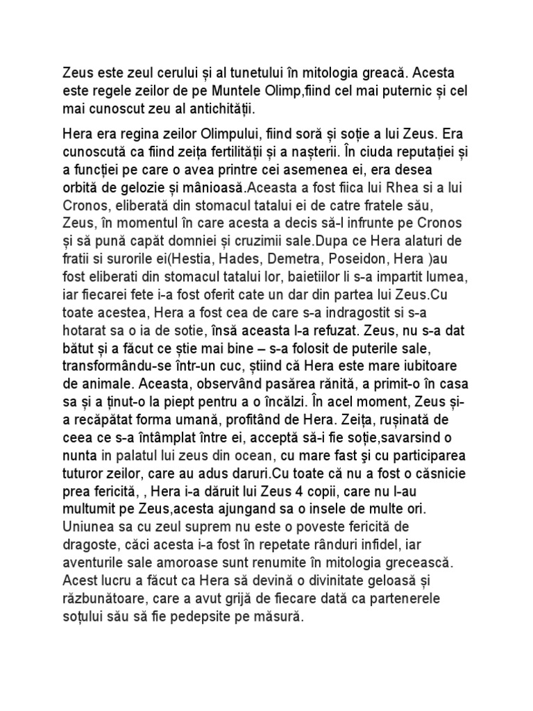 Zeus Este Zeul Cerului Și Al Tunetului În Mitologia Greacă | PDF