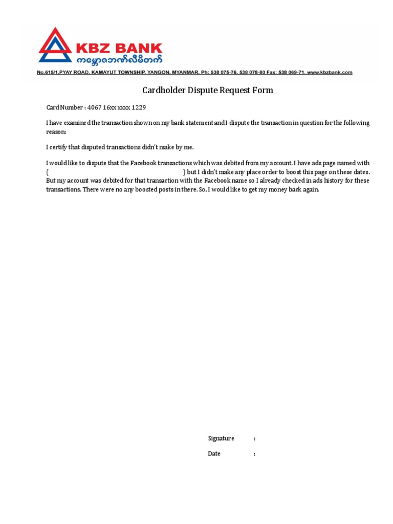 Cardholder Dispute Request Form PDF