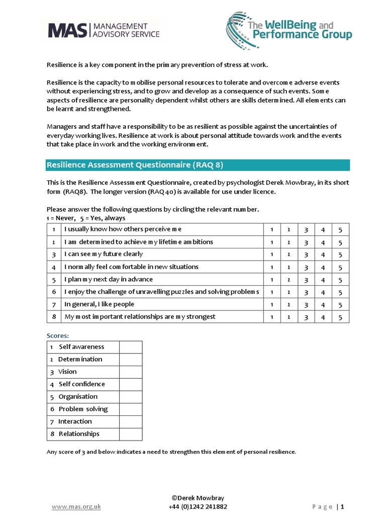 Resilience Assessment Questionnaire (RAQ 8) 1 Never, 5 Yes, Always