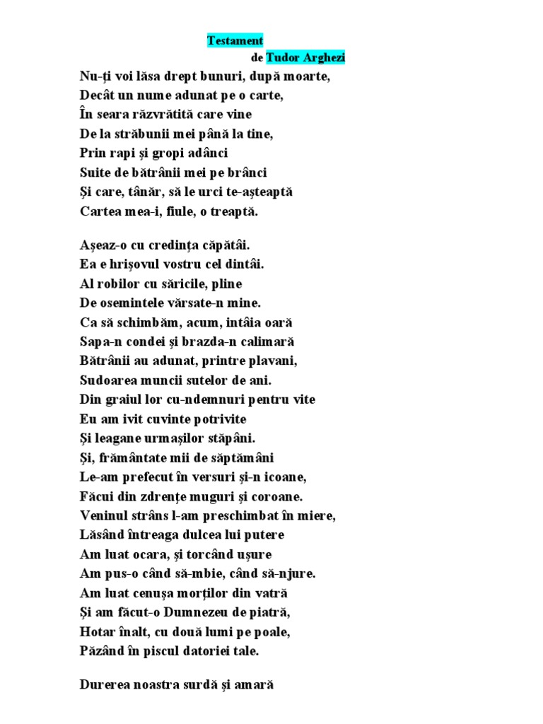 Adam Si Eva De Tudor Arghezi Testament de Tudor Arghezi | PDF