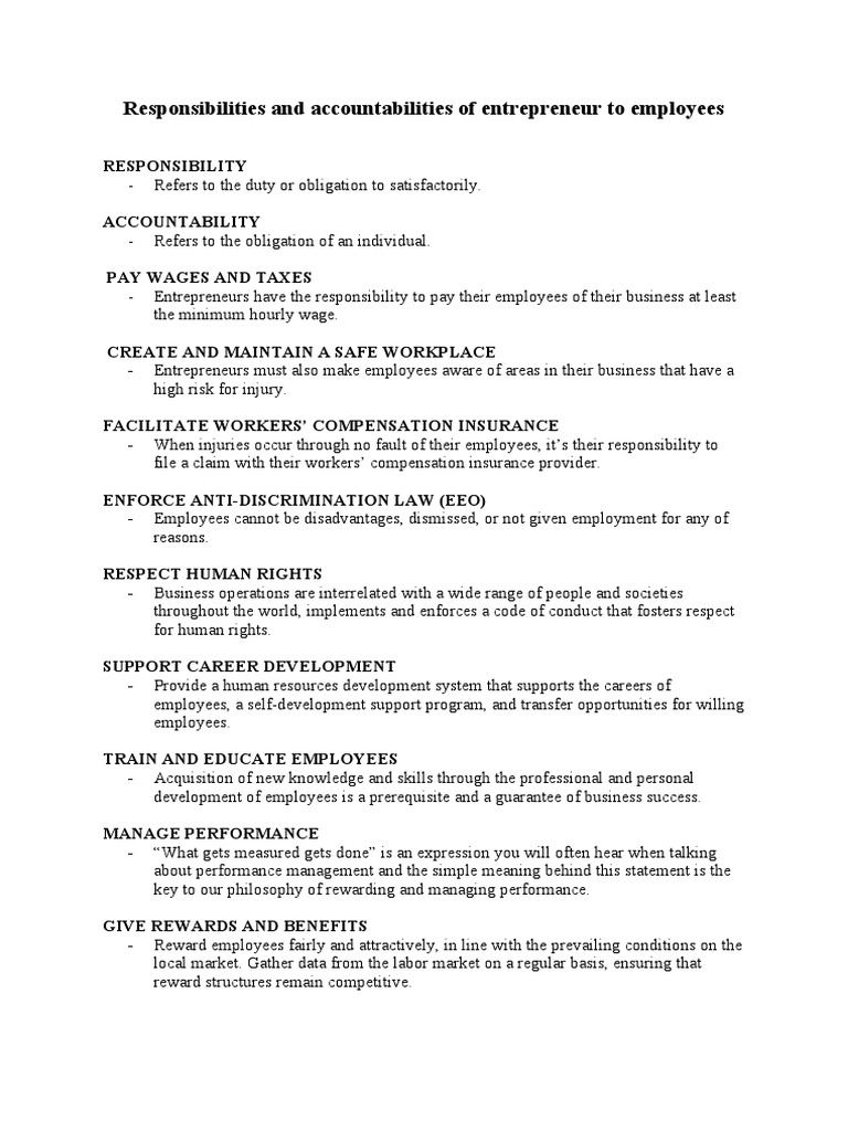 Responsibilities and accountabilities of entrepreneur to employees pdf