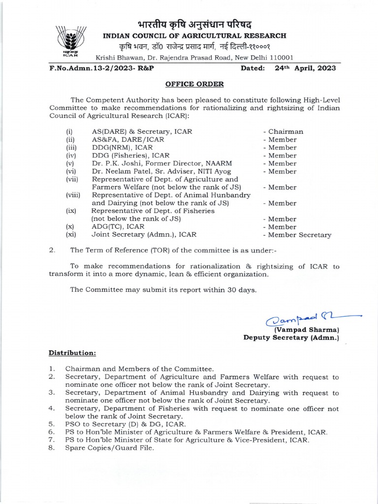 OO Rightsizing of ICAR 24042023 | PDF | Economy Of India | Agriculture