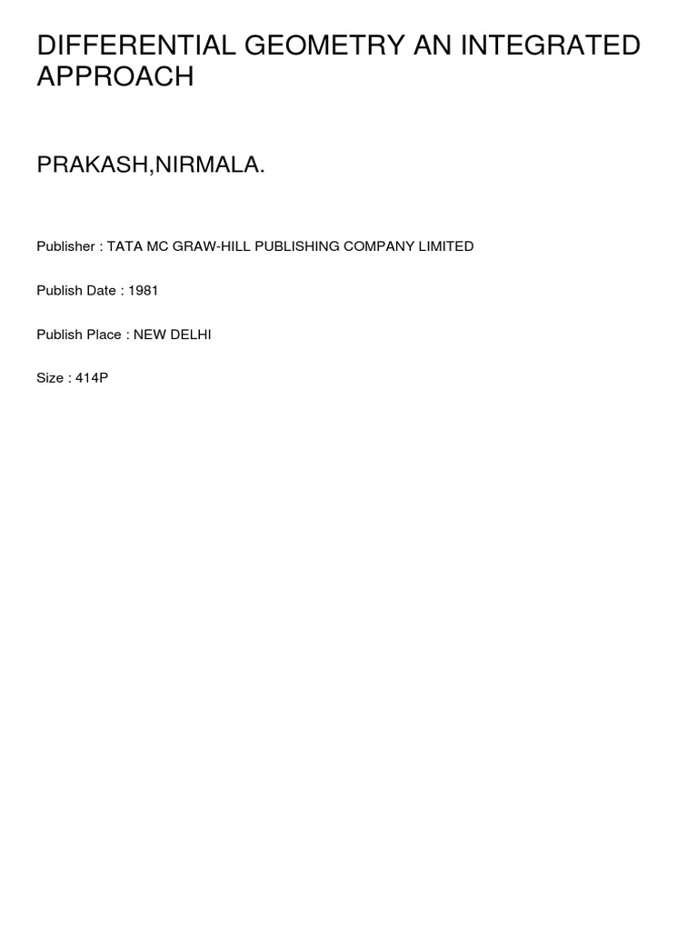 Differential Geometry An Integrated Approach Prakash, Nirmala PDF