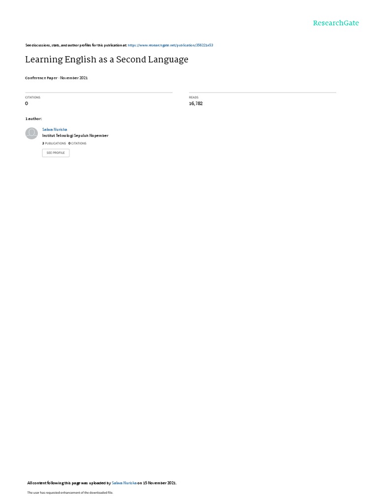 Learning Englishasa Second Language Pdf English As A Second Or