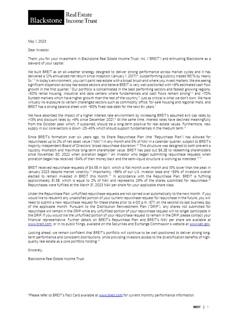 Blackstone BREIT Notice To Stockholders PDF Valuation (Finance) Investing