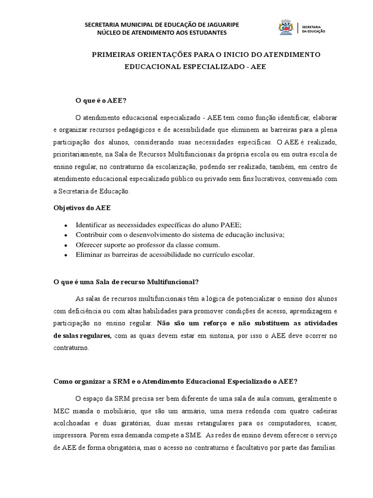 Orientações para Atendimento AEE | PDF | Educação Especial | Pedagogia