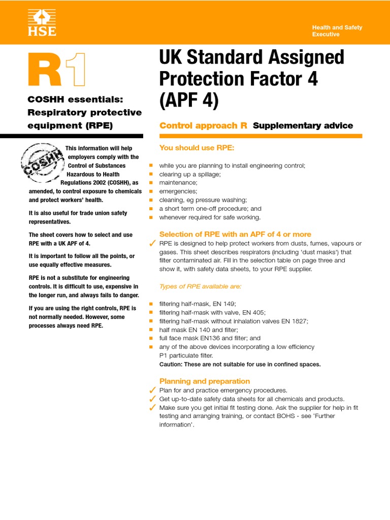 UK Standard Assigned Protection Factor 4 (APF 4) COSHH Essentials