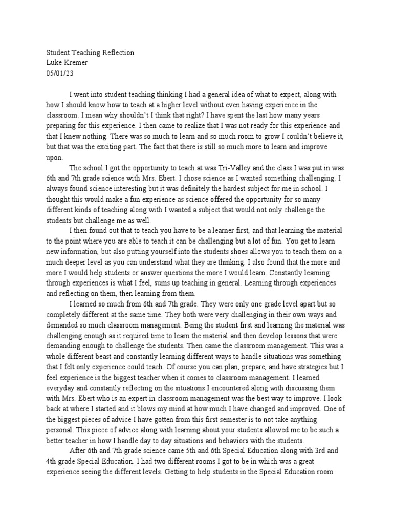 Student Teaching Reflection 2 PDF Classroom Management Special