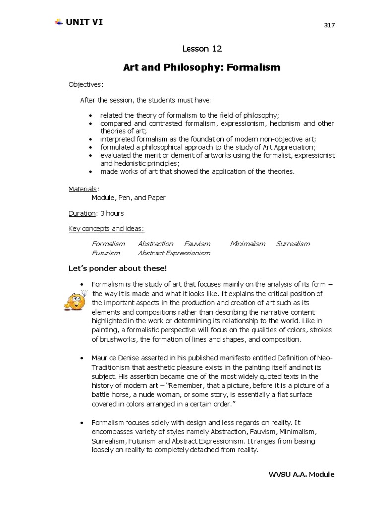 Unit VI LESSON 12 Art and Philosophy Formalism | PDF