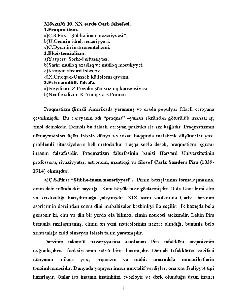 Mövzu 10. XX ƏSRDƏ QƏRB Fəlsəfəsi. 1.praqmatizm | PDF