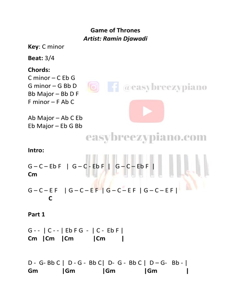 Game of Thrones Piano Notes PDF