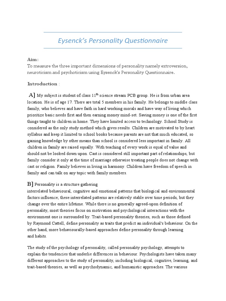 Eysenck's Personality Questionnaire | PDF