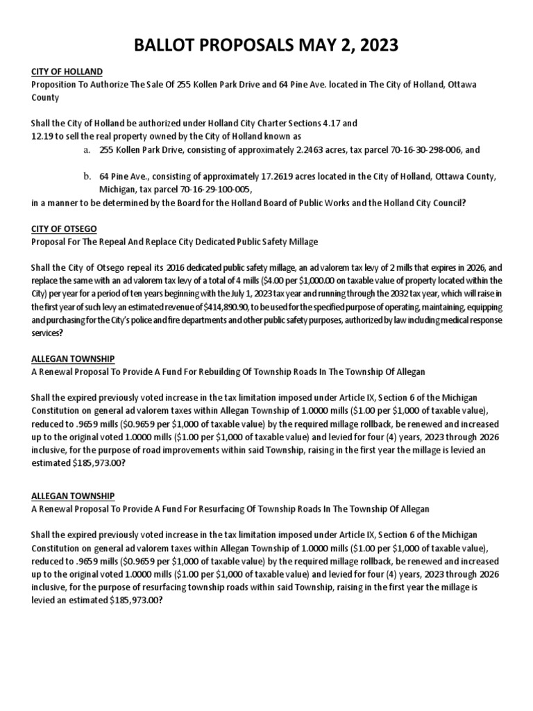 Allegan County May Elections PDF Property Tax Taxes