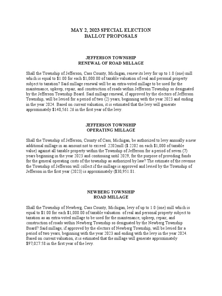 Cass County May 2023 Ballot Proposals PDF Property Tax Taxes