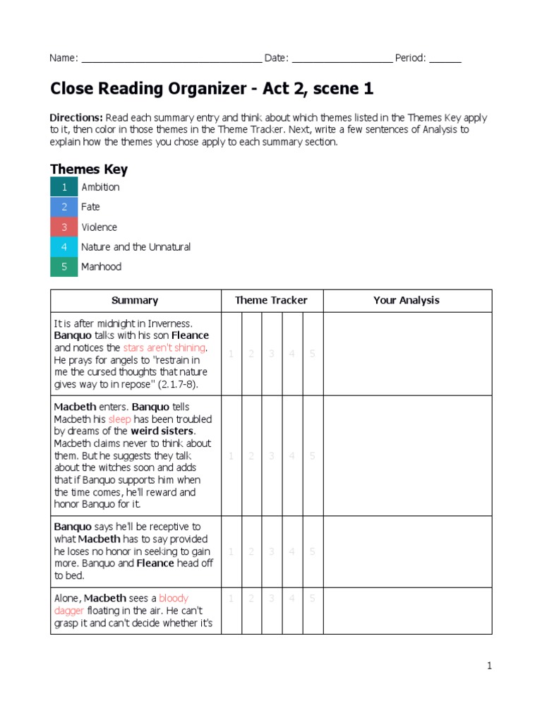 Act 2 Scene 1 Reading Organizer | PDF