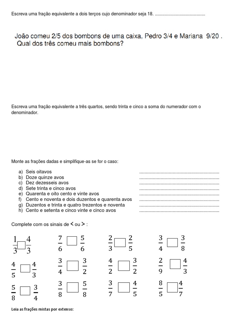 Exercícios de Frações para 5º Ano | PDF | Fração (Matemática) | Divisão ...