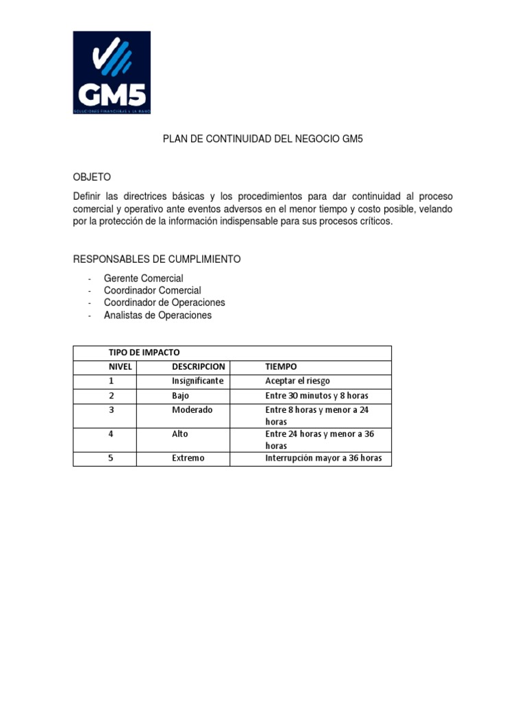 Plan de Continuidad del Negocio GM5 | PDF