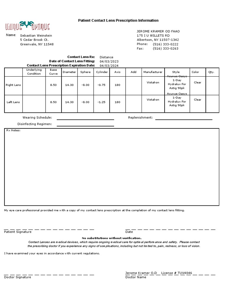 Date of Contact Lens Fitting Contact Lens Prescription Expiration Date