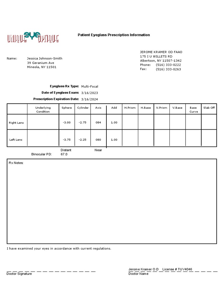 Patient Eyeglass Prescription Information Date of Eyeglass Exam