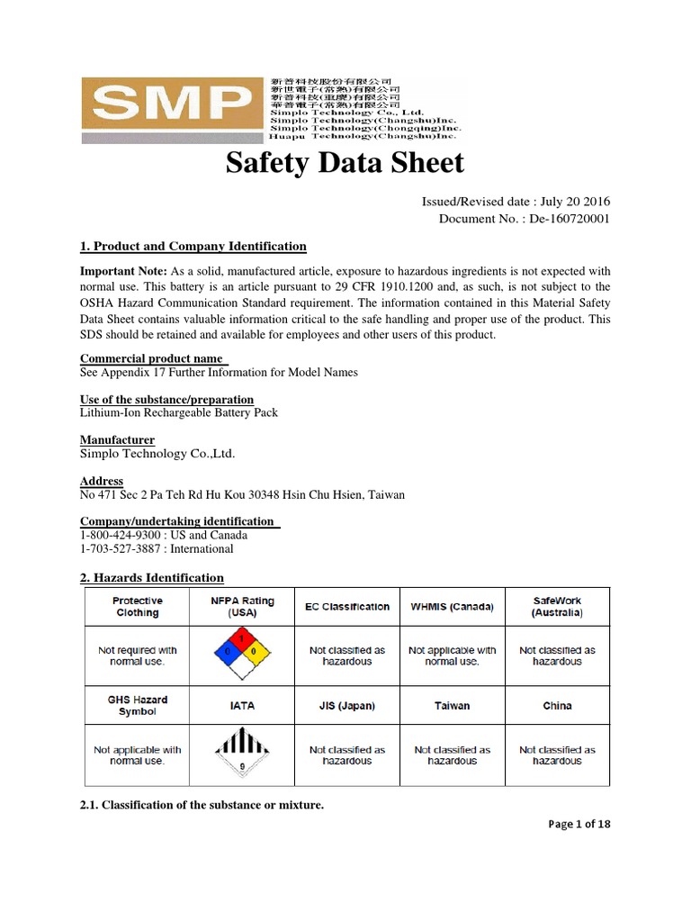 Sds Simplo PDF Dangerous Goods Rechargeable Battery