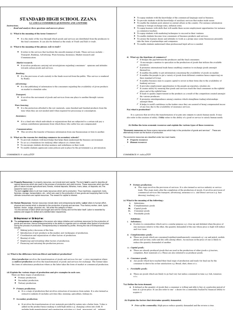 Commerce Study Guide: S.3 & S.4 Q&A | PDF | Demand | Cost Of Living